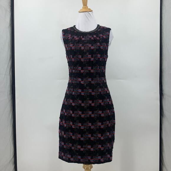 Trina Turk Dress Womens 2 Black Multi Sleeveless Good Night Tweed Sheath Lined - Picture 2 of 15